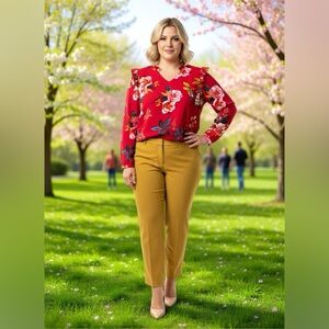 LOFT Floral V-Neck Blouse - Red and Green